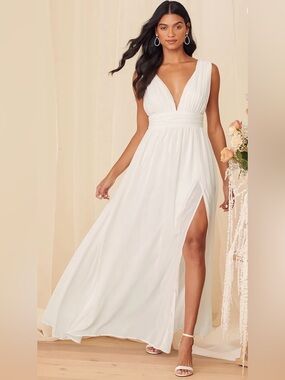 Lulus Heavenly Hues White Chiffon V-Neck Maxi Dress Size S Slit⁠